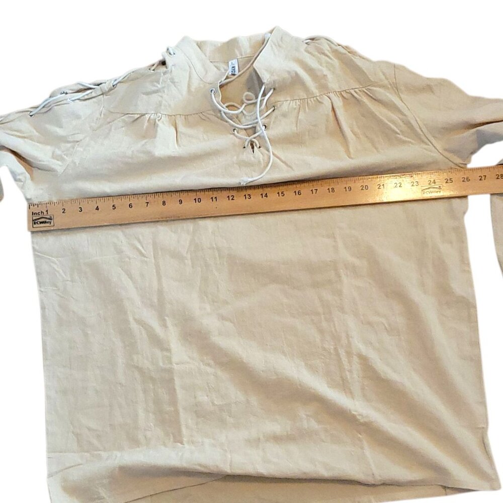Mens Large Medieval Renaissance Lace-Up Linen Shirt Beige Long Sleeve Pirate - Picture 9 of 12